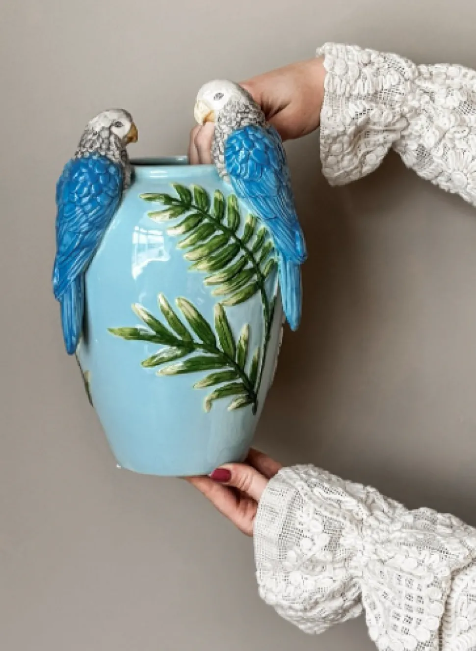 Aardewerk Vaas met Vogels kopen | Handgemaakte Blauwe 4D Vaas 20x31cm | Chique Living